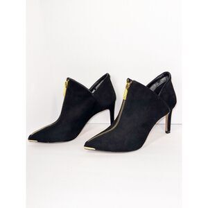 Ted Baker Millae Bootie Heels Black Suede Gold Zipper Stiletto Pointed 38.5/6